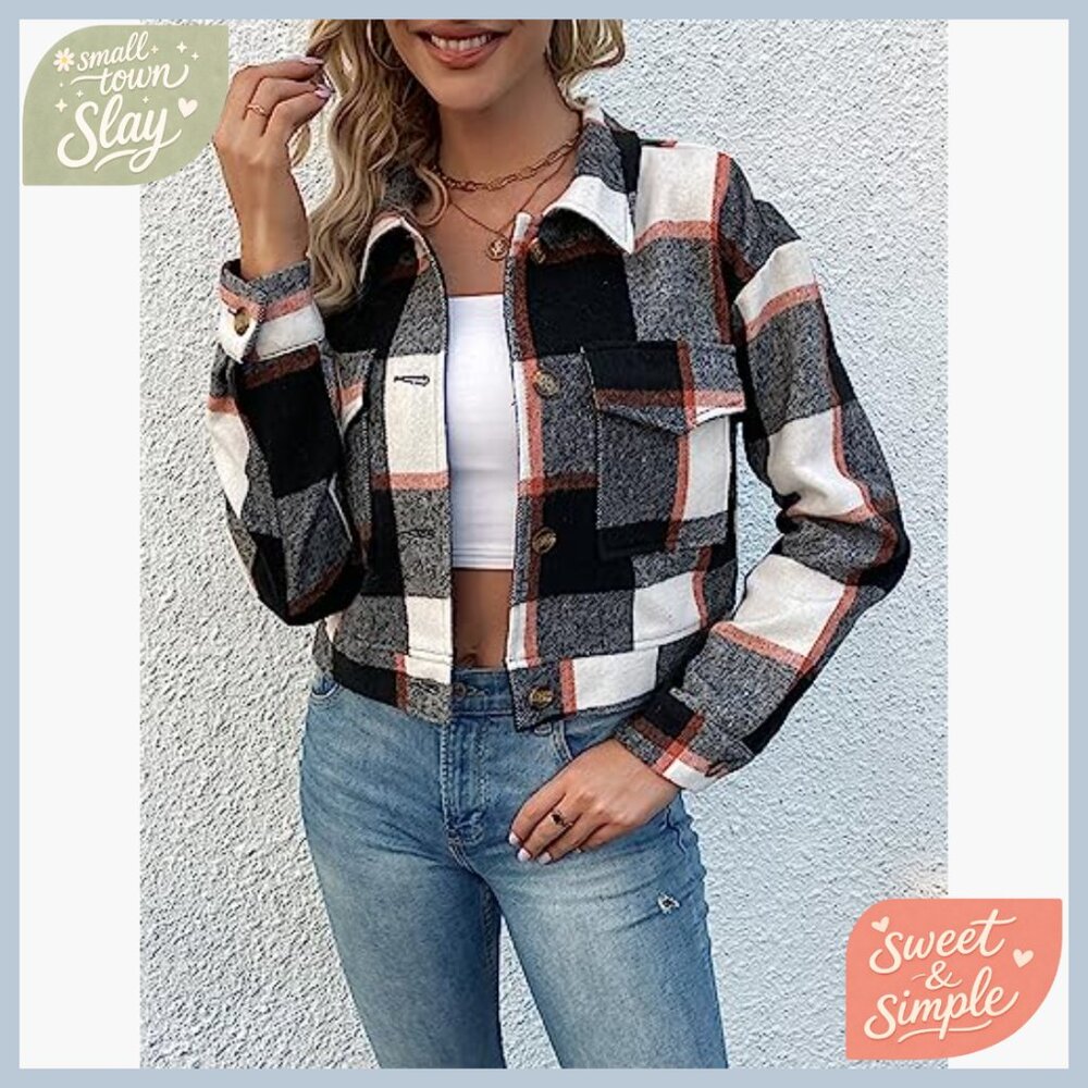 Flannel Cropped Plaid Shacket Jacket Button Down … - image 3